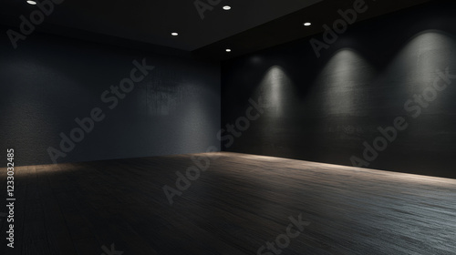 Fototapeta Naklejka Na Ścianę i Meble -  empty room with black wall and wood floor 3d render illustration