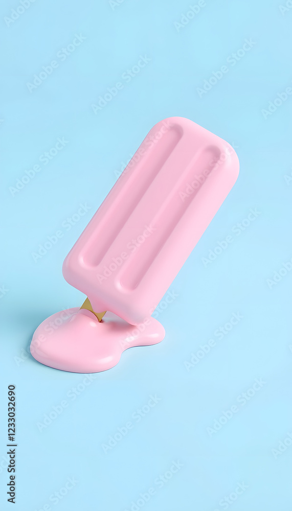 Pink stick ice cream melting on pastel blue background. Minimal summer concept. 3d rendering, comic art, with white tones Pink stick ice cream melting on pastel blue background. Minimal summer concept. 3d rendering, comic art, with white tones