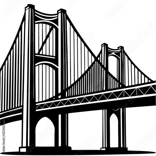 Verrazzano-Narrows Bridge California is one of the most famous bridges in the United States. Solid silhouette urban vector black and white PNG