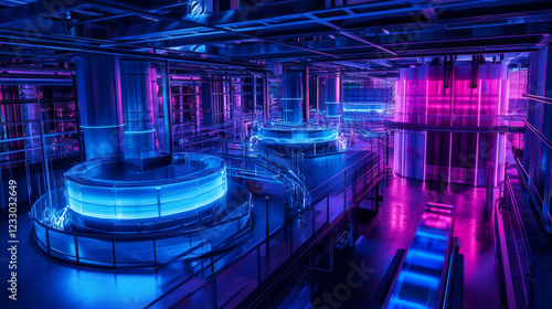 360 degree panorama of neon light industrial basement room with cyber punk design and neon blue and violet lights 3d render illustration hdr hdri vr virtual reality environment map