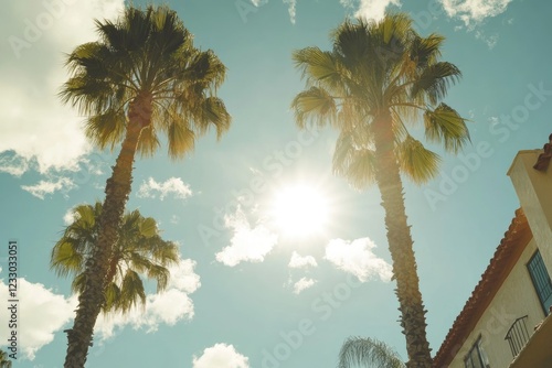 Beverly Hills Palm Trees Under a Sunny California Sky - Vintage Style Capture of Los Angeles Avenue