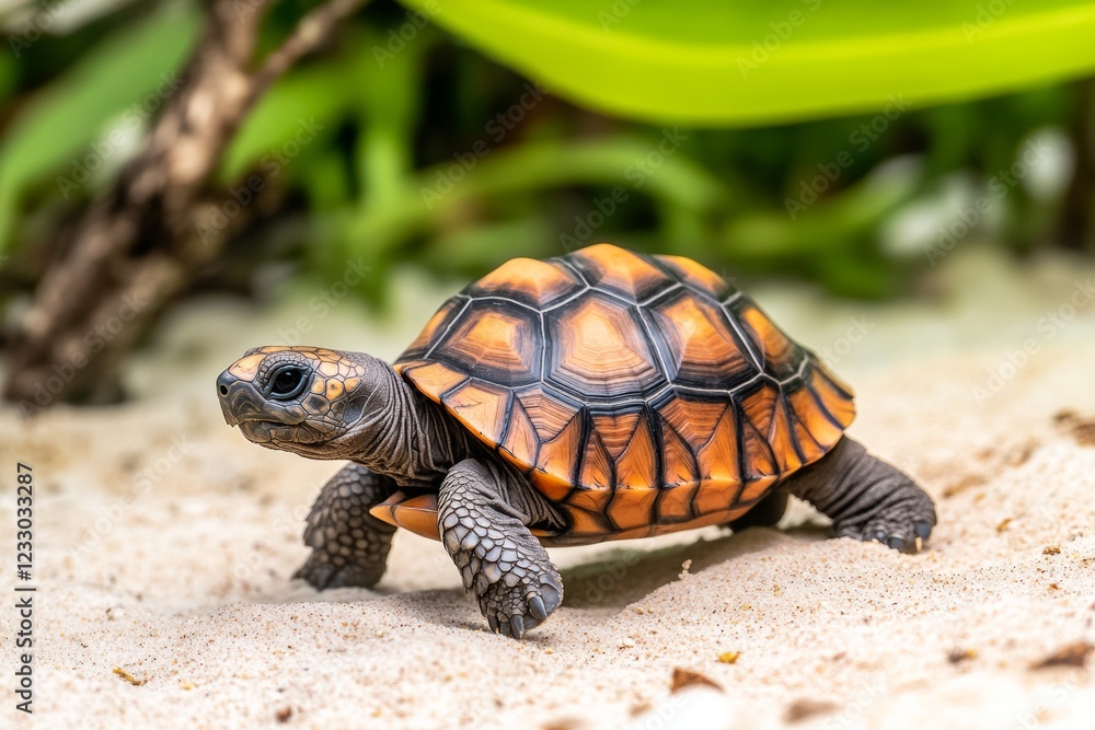 A baby tortoise makes its way across soft sand, showcasing its vibrant shell patterns. Surrounded by greenery, it explores its natural habitat under bright daylight A baby tortoise makes its way across soft sand, showcasing its vibrant shell patterns. Surrounded by greenery, it explores its natural habitat under bright daylight