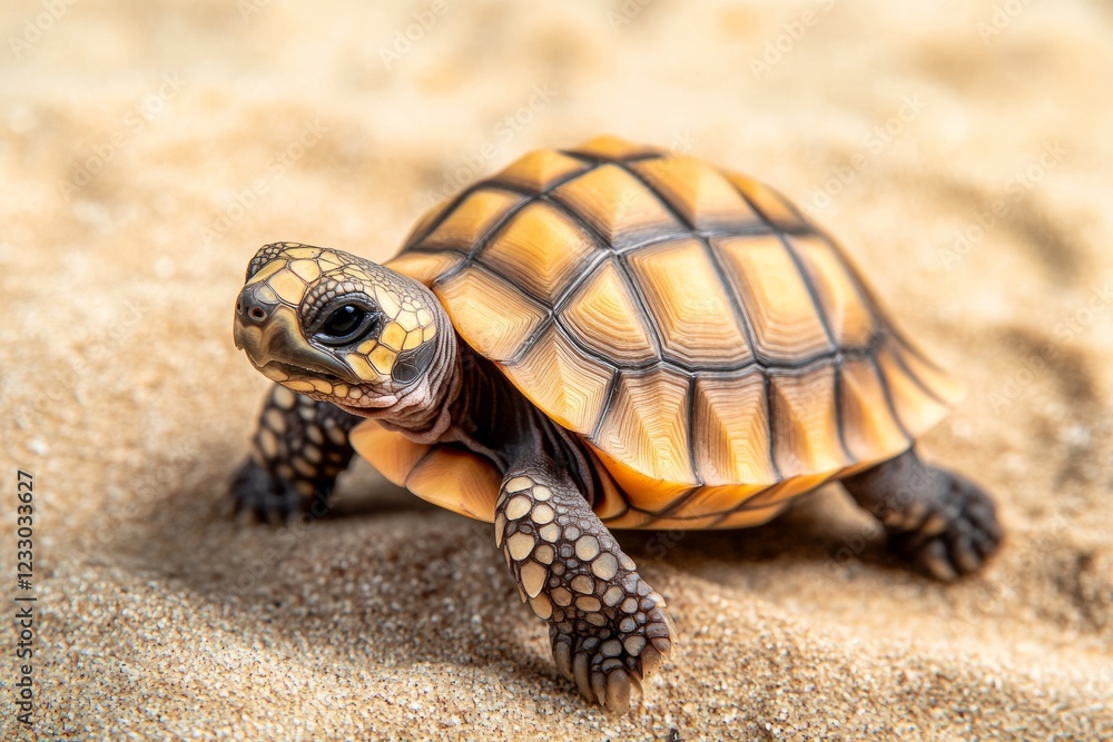 Obraz premium A small baby tortoise is making its way across soft sand. Its patterned shell glistens in the sunlight as it navigates the sandy terrain with slow, careful movements