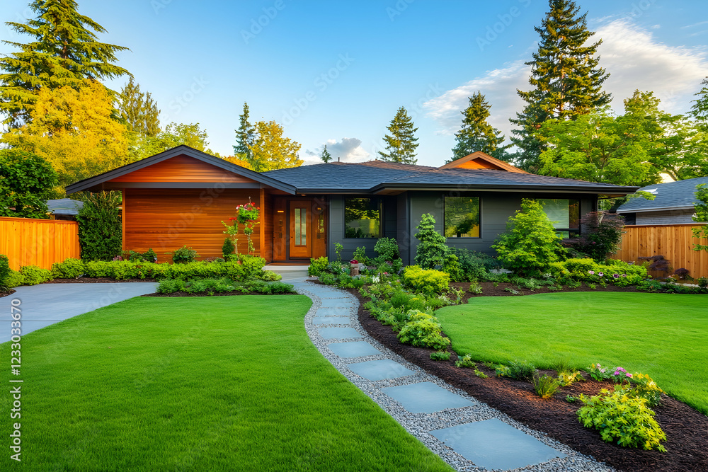 Modern house surrounded by a manicured green lawn and a stylish wooden fence, offering a contemporary aesthetic Modern house surrounded by a manicured green lawn and a stylish wooden fence, offering a contemporary aesthetic