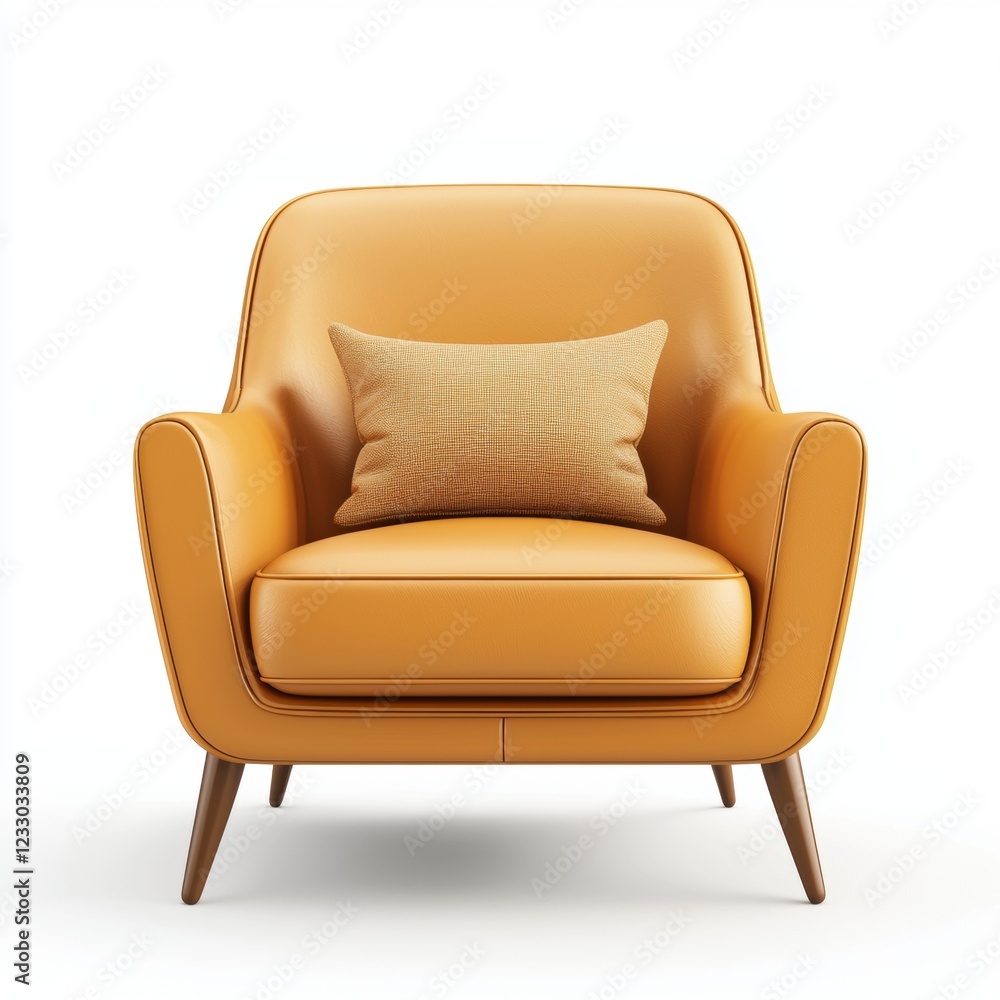 Fototapeta premium Modern minimalist armchair with a cozy throw pillow, placed on a bright white background