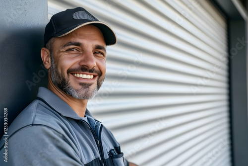 Maintenance Worker Repairing Industrial Garage Door - Professional Service Portrait photo