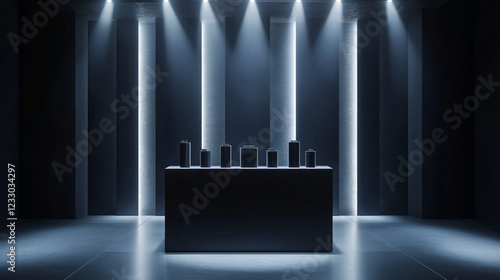 dark futiristic modern product showcase with spot lighting 3d render illustration photo