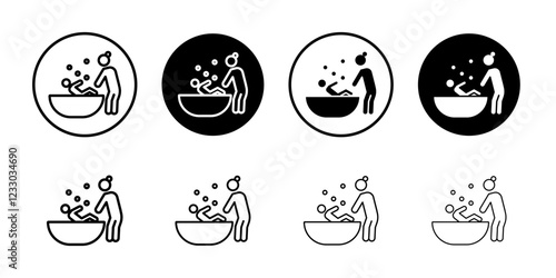 Mother washing baby in bath tub icon Outline thin set pack series
