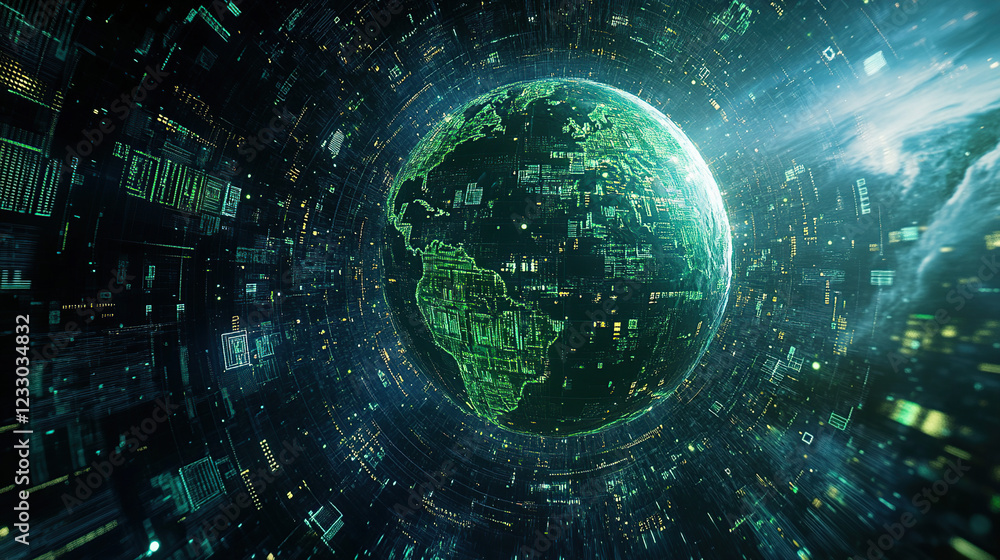 Obraz premium Rotating Earth with Digital Data Overlay