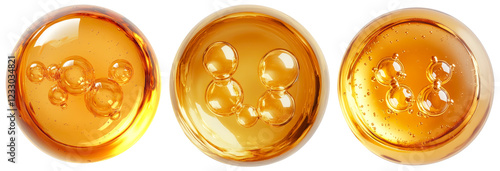 Gold oil bubble set isolated on transparent background. Realistic yellow serum droplet of drug or collagen essence. PNG