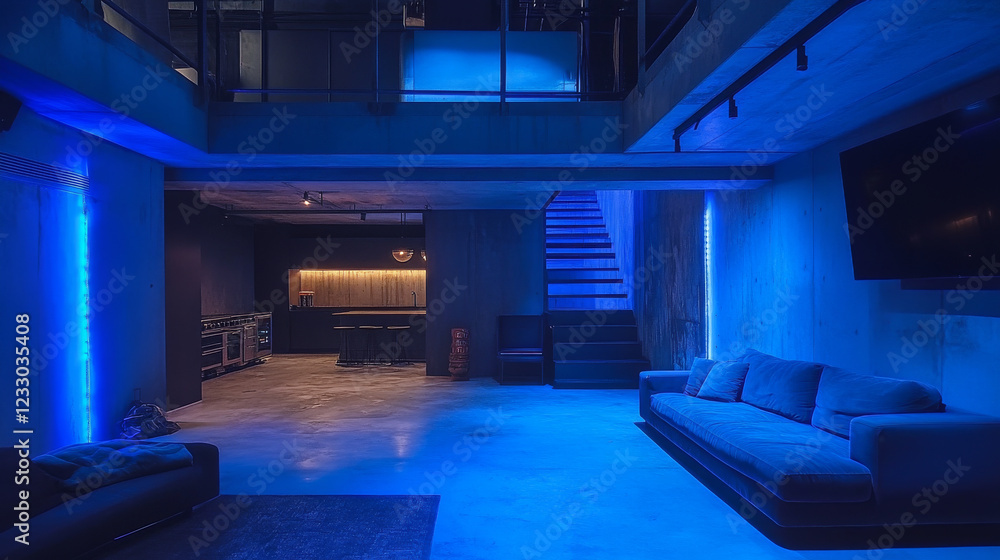 Underground concrete basement with low key blue lighting industrial grunge concrete background 3d render illustration Underground concrete basement with low key blue lighting industrial grunge concrete background 3d render illustration