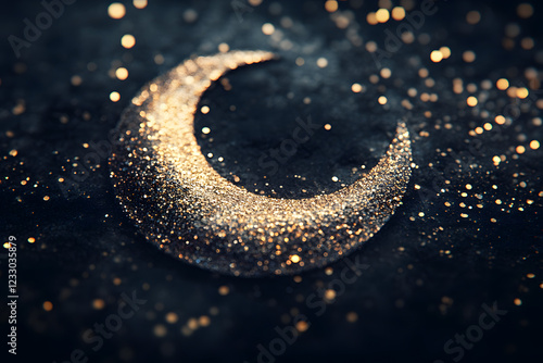 elegant crescent moon made of golden and silver sequins over a dark textured canvas, exuding a luxurious and mystical atmosphere. suitable for astrology branding, interior decor, and high-end invitati photo