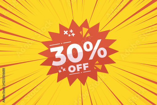30% off sale banner vector with red and yellow sunburst background and white text. Perfect for flash sale, special offers, big sale, e-commerce, online promotions and discount advertising.