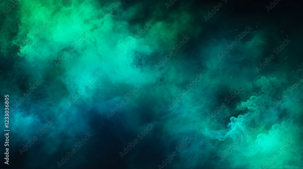 Fototapeta premium Shiny Blue Green Haze Texture for Fantasy Night Sky with Steam Cloud Blend on a Dark Black Abstract Art Background