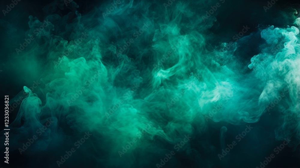 Obraz premium Shiny Haze Texture of Color Mist and Steam Clouds Blend with Blue and Green Glitter on a Dark Black Abstract Art Background
