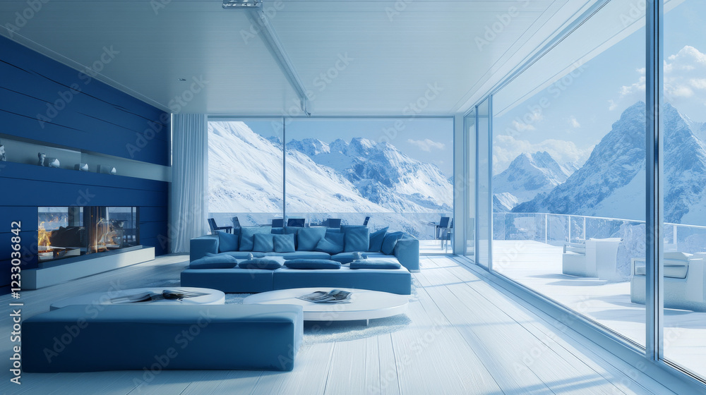Fototapeta premium blue modern living room loft wall with white wooden floor 3d render illustration