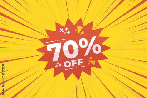 70% off sale banner vector with red and yellow sunburst background and white text. Perfect for flash sale, special offers, big sale, e-commerce, online promotions and discount advertising.