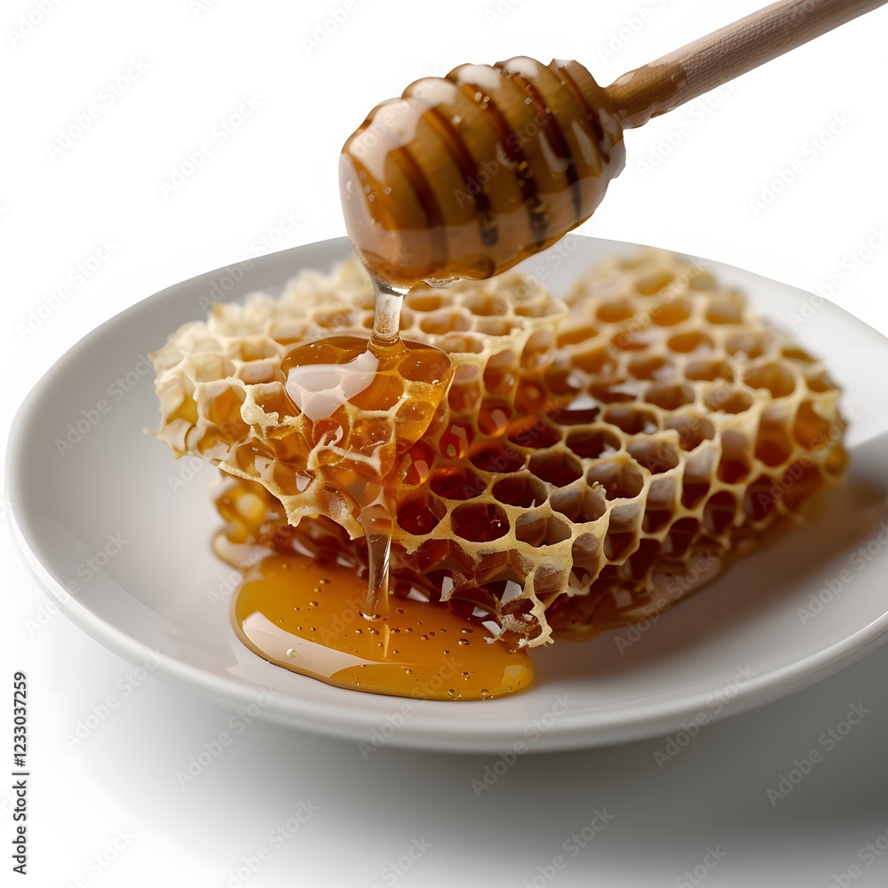 Honeycomb dripping honey, white background, studio shot, food photography Honeycomb dripping honey, white background, studio shot, food photography