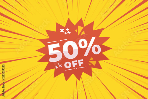 50% off sale banner vector with red and yellow sunburst background and white text. Perfect for flash sale, special offers, big sale, e-commerce, online promotions and discount advertising.