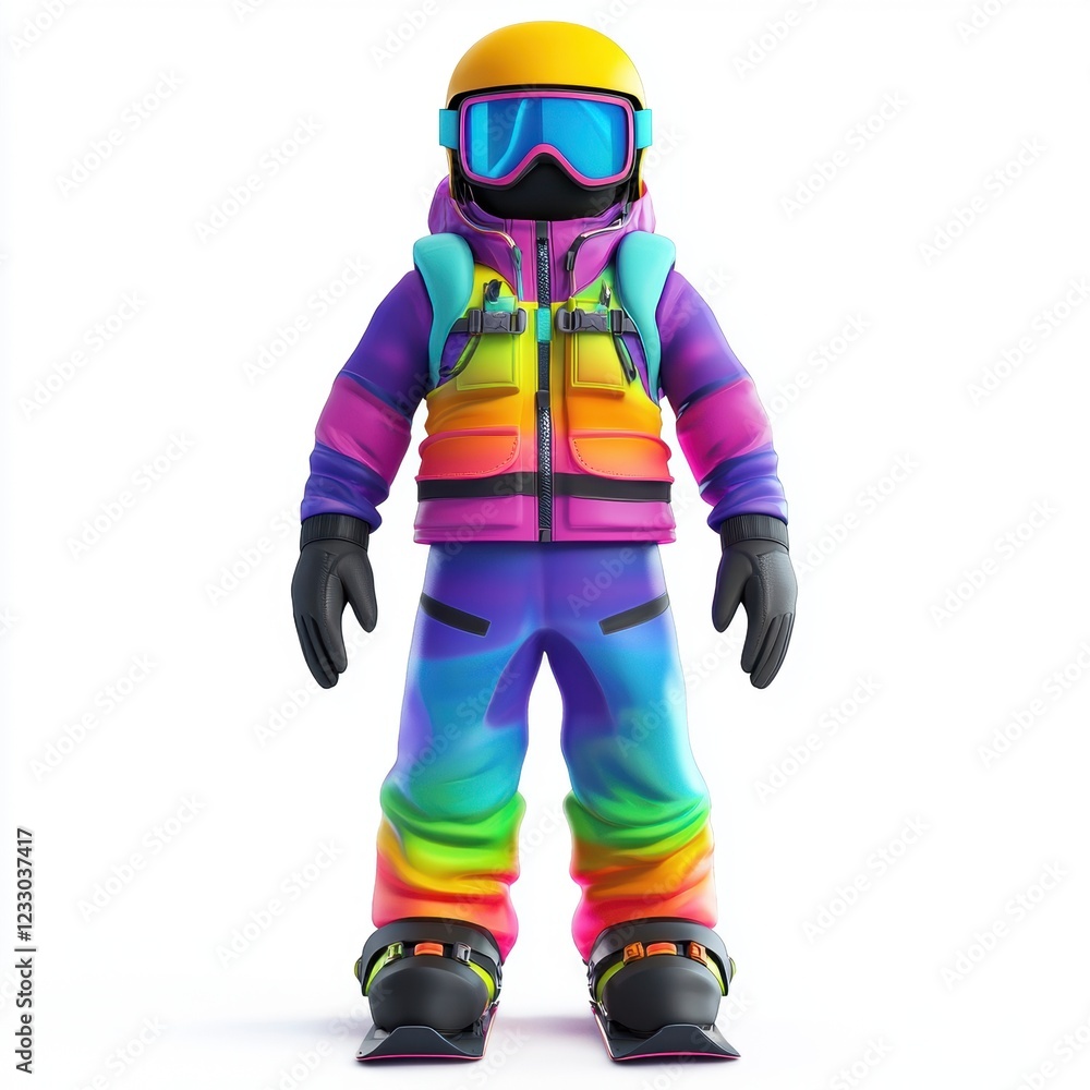 Snowboarding outfit with vibrant colors and protective gear, isolated on a clean white background Snowboarding outfit with vibrant colors and protective gear, isolated on a clean white background