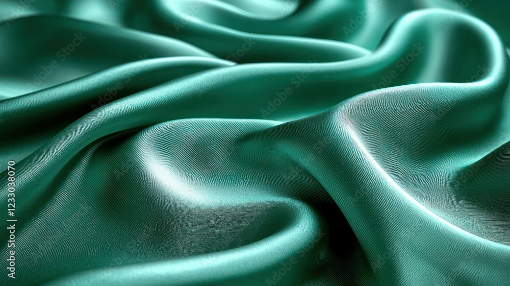 Fototapeta premium Teal silk fabric draped with flowing folds, textured background
