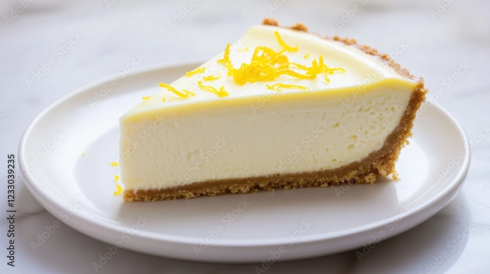 A slice of creamy lemon cheesecake with a graham cracker crust and a lemon zest topping, placed on a plain white plate, Slice centered with a slightly angled view A slice of creamy lemon cheesecake with a graham cracker crust and a lemon zest topping, placed on a plain white plate, Slice centered with a slightly angled view