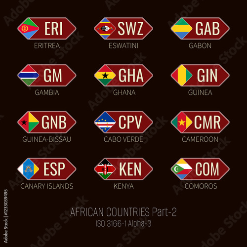 Set of vector illustrations of  ISO 3166 1 alpha 3 and flags of African countries. Part 2.
