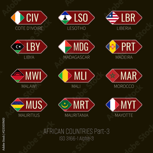 Set of vector illustrations of  ISO 3166 1 alpha 3 and flags of African countries. Part 3.
