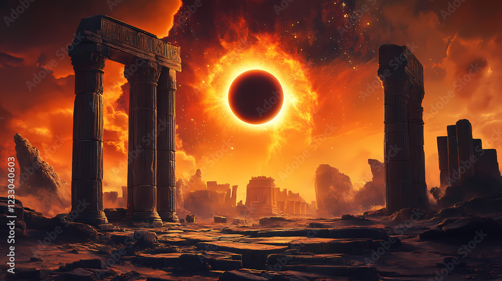 Fototapeta premium Solar eclipse viewed from ancient ruins, celestial dance framed. Solar Archway. Illustration