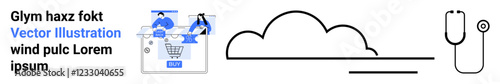 Person making an online purchase payment using a smartphone, cloud connectivity, and a stethoscope representing healthcare. Ideal for e-commerce, technology, healthcare, online services, digital