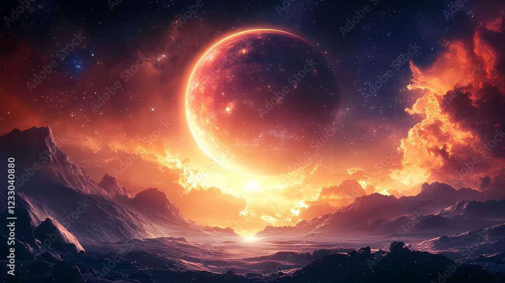 Space landscape with a glowing planet. Solar Archway. Illustration Space landscape with a glowing planet. Solar Archway. Illustration