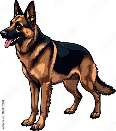 German Shepherd dog pedigreed police, security and border guard dog on also known in Britain as an Alsatian on white background, long-haired dog comic art bulldog illustration graphic 