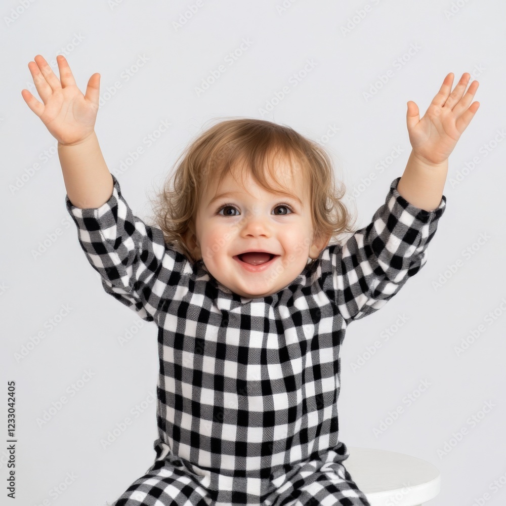 happy baby in black and white checkered pajamas with hands up happy baby in black and white checkered pajamas with hands up