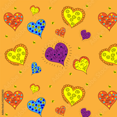 Pattern with different, colored heart symbols. Vector drawing