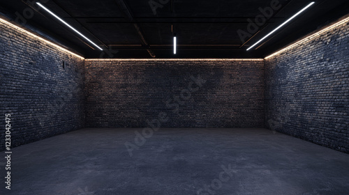 Fototapeta Naklejka Na Ścianę i Meble -  Empty room with brick walls and neon light 360 panorama vr environment map. 3D Illustration