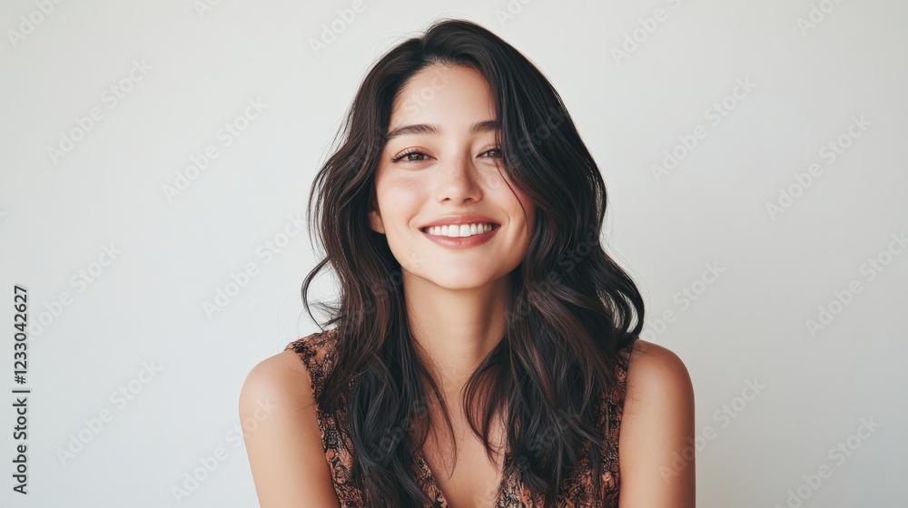 beautiful woman with long dark hair smiles at the camera beautiful woman with long dark hair smiles at the camera