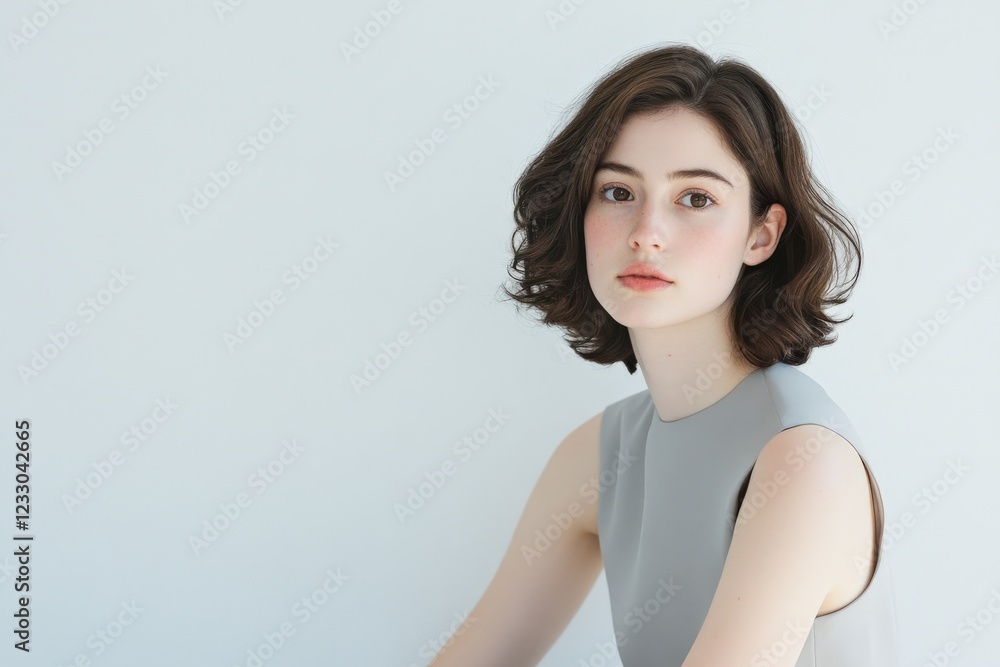 young woman with short brown hair wearing a gray sleeveless top young woman with short brown hair wearing a gray sleeveless top