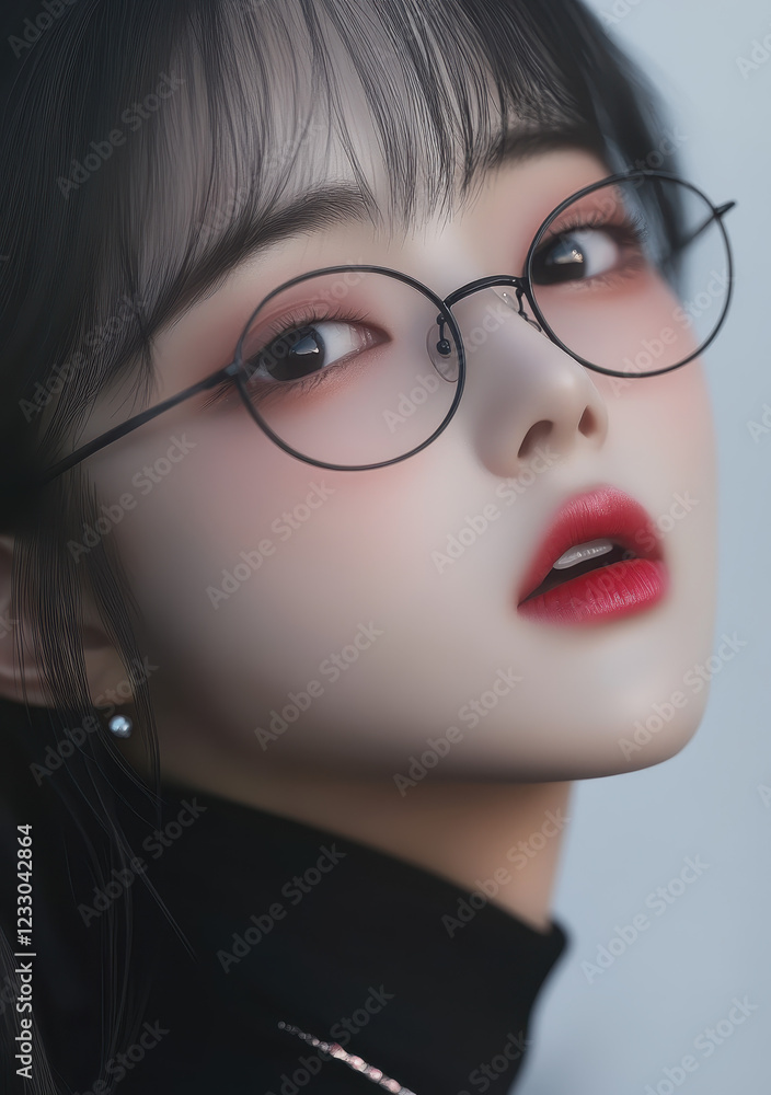 Fototapeta premium Captivating Portrait of Young Woman with Glasses and Bold Makeup