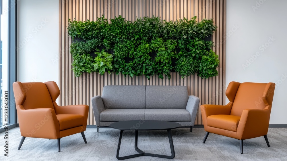Fototapeta premium Sustainable Office Oasis: Modern Corporate Interior with Vertical Herb Garden Wall Lounge Area,3D rendering