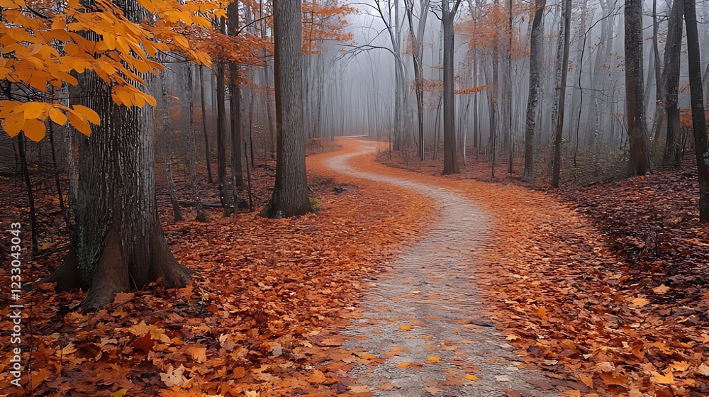 Fototapeta premium Winding autumn trail, misty forest, fall leaves, nature scene, travel