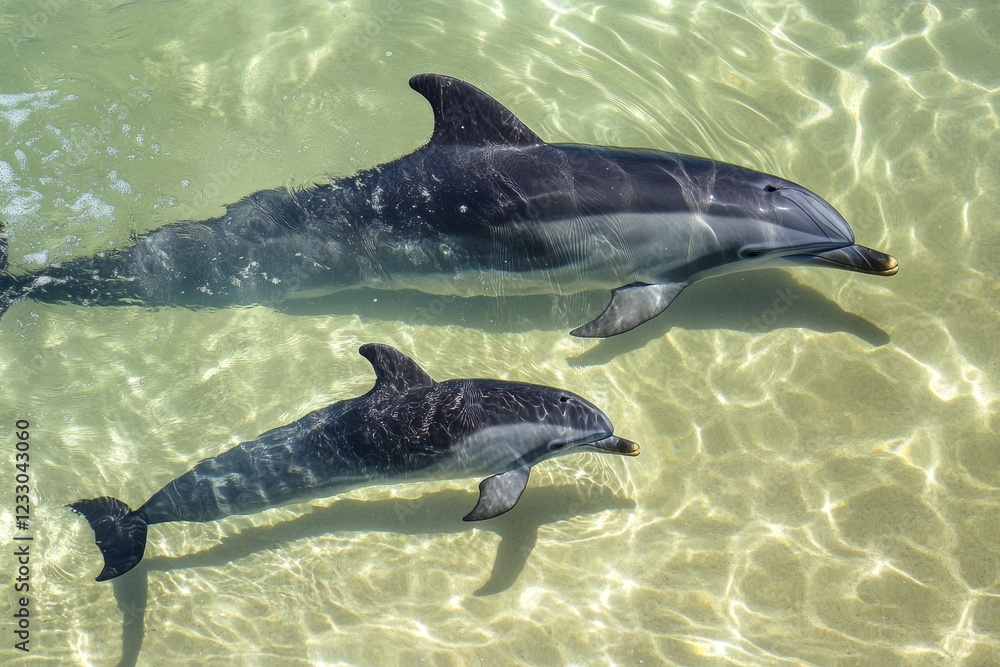 A young dolphin calf swims playfully next to its mother, exploring the vibrant underwater world in clear turquoise water. This heartwarming interaction captures a tender moment of aquatic life A young dolphin calf swims playfully next to its mother, exploring the vibrant underwater world in clear turquoise water. This heartwarming interaction captures a tender moment of aquatic life