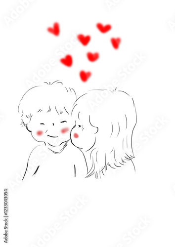 two young lovers hugging side by side short drawing on white background