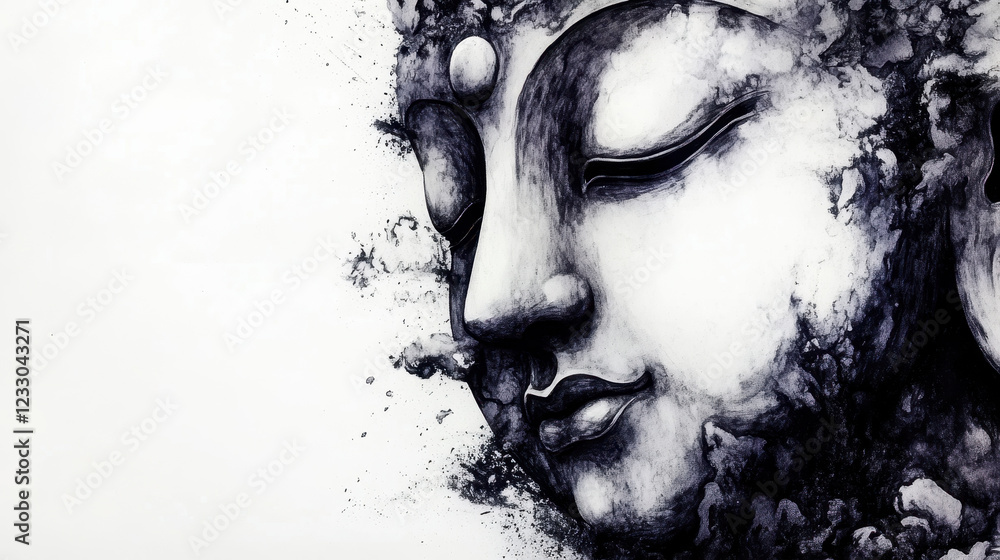 Serene Buddha Face Surrounded by Abstract Ink Splash Art Serene Buddha Face Surrounded by Abstract Ink Splash Art