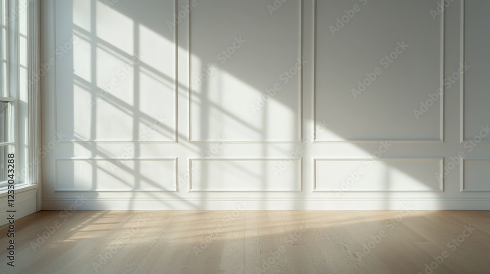 sunlit empty room with white wall paneling and light wood floor sunlit empty room with white wall paneling and light wood floor