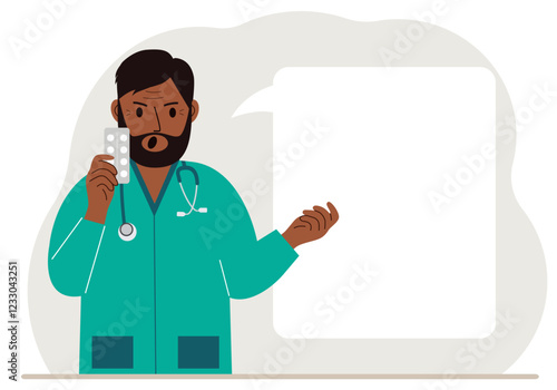 A male doctor holds pills in his hand. There is space for text next to it. Vector flat illustration.