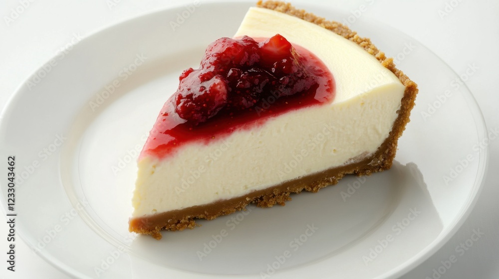 A slice of creamy vanilla cheesecake with a graham cracker crust, topped with a strawberry compote, placed on a plain white plate