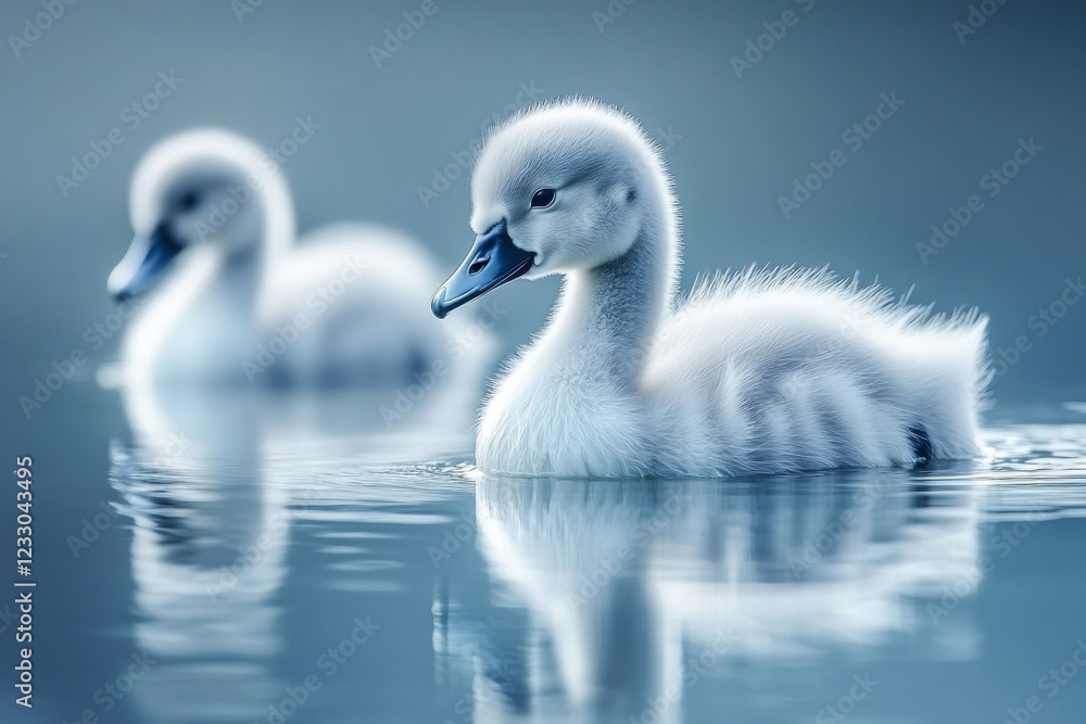 Two fluffy young swan cygnets swim peacefully in a tranquil lake, reflecting soft morning light on the water's surface as they explore their surroundings Two fluffy young swan cygnets swim peacefully in a tranquil lake, reflecting soft morning light on the water's surface as they explore their surroundings