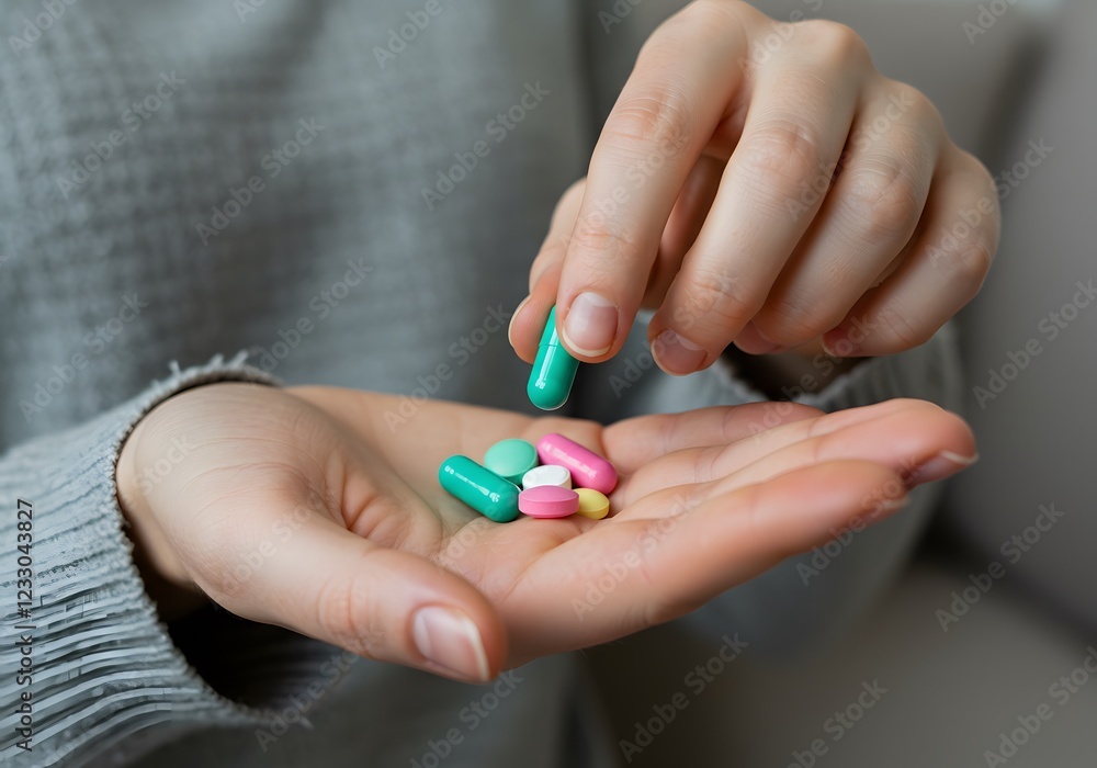 Woman Hand Selecting Pills from Palm for Painkillers, Vitamins, or Antibiotics – Health and Medication Concept Woman Hand Selecting Pills from Palm for Painkillers, Vitamins, or Antibiotics – Health and Medication Concept