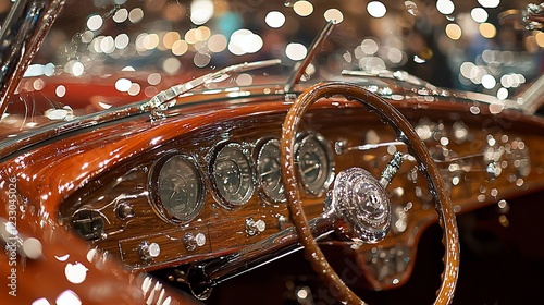 Vintage car interior showcasing polished wood and chrome details, with blurred lights in background photo