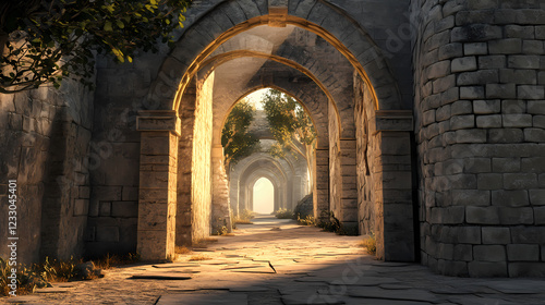 A shady archway in a medieval castle generative ai. Solar Archway. Illustration